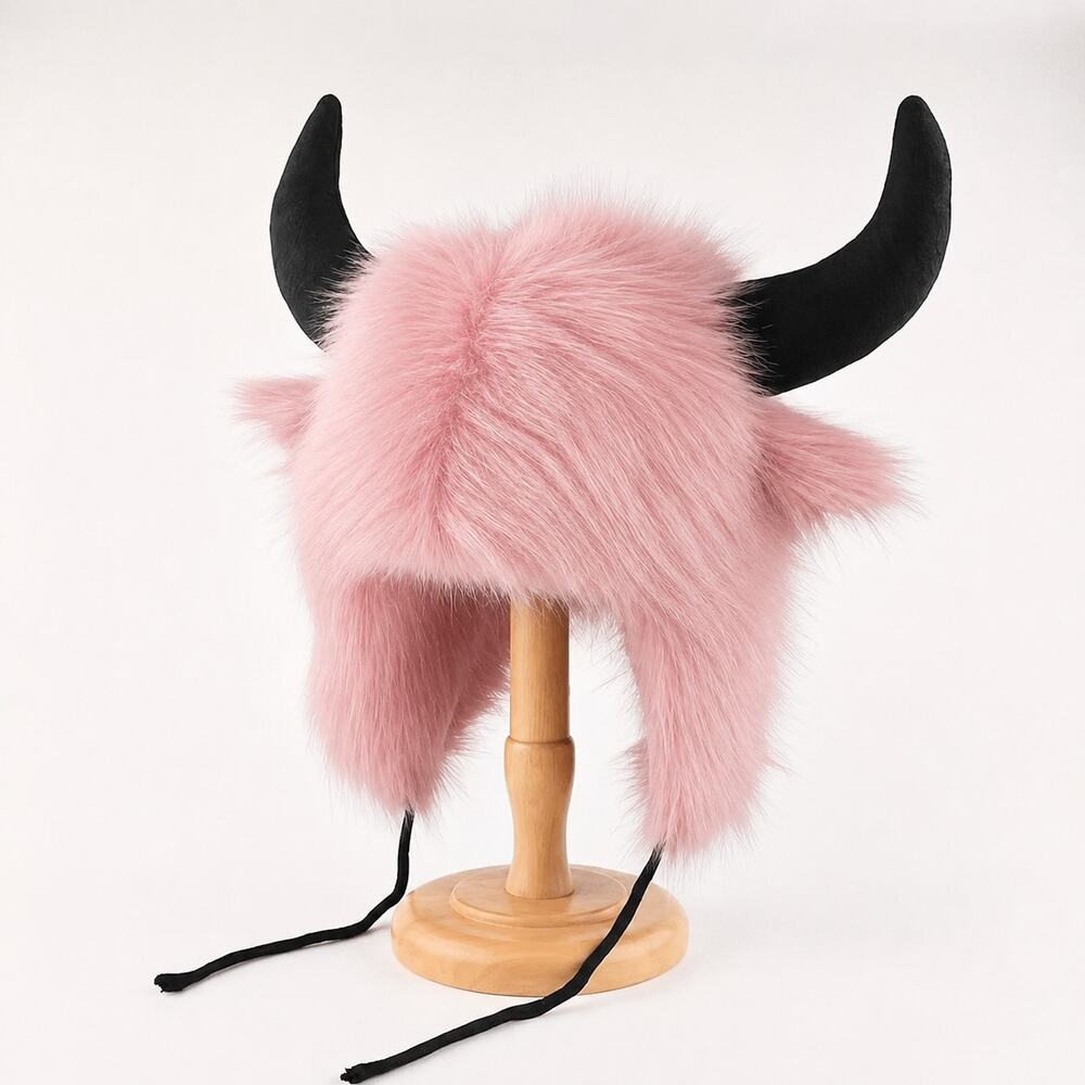 Warm Furry Winter Ox, Cow, Buffalo, Yak Horn Ear Cosplay Fuzzy Hat - Pink